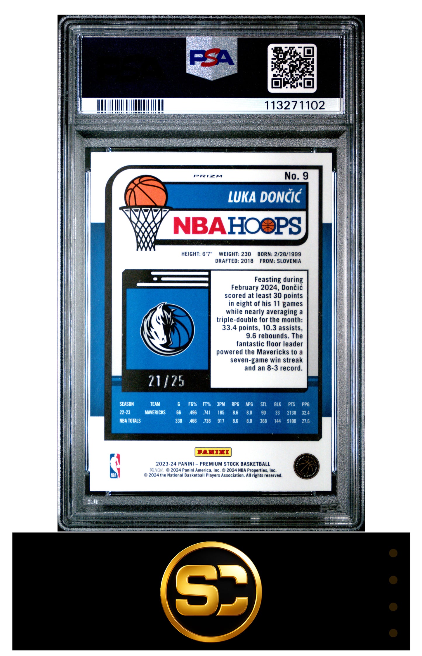 Luka Doncic 2023-24 Hoops Premium Stock White Ice Prizm /25 PSA 10