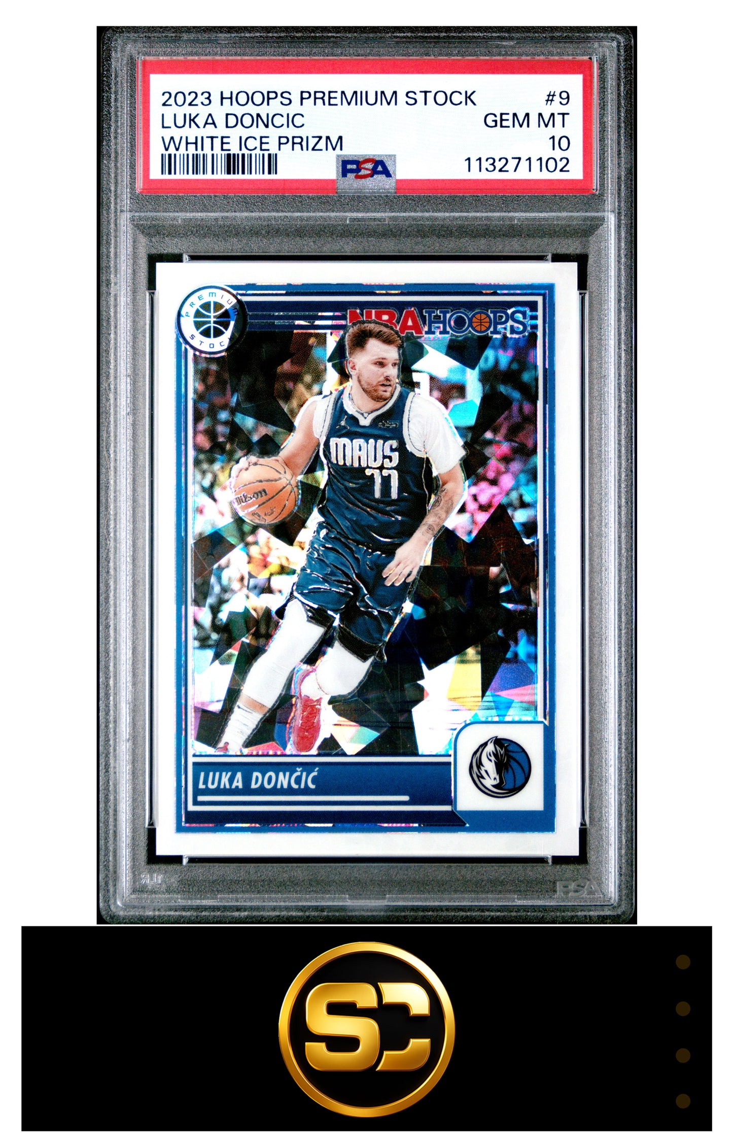 Luka Doncic 2023-24 Hoops Premium Stock White Ice Prizm /25 PSA 10