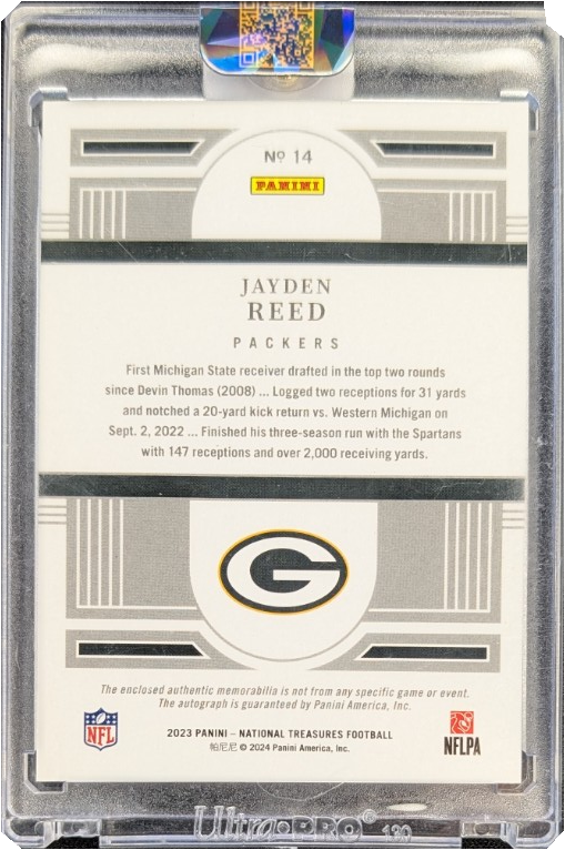 Jayden Reed 2023 National Treasures Rookie Patch Auto RC /99