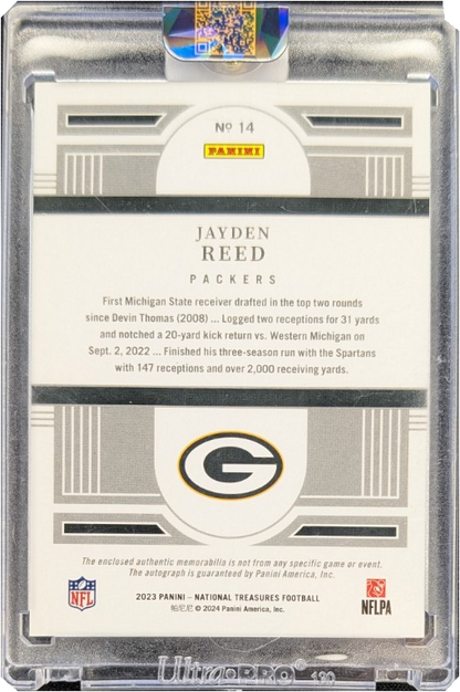 Jayden Reed 2023 National Treasures Rookie Patch Auto RC /99
