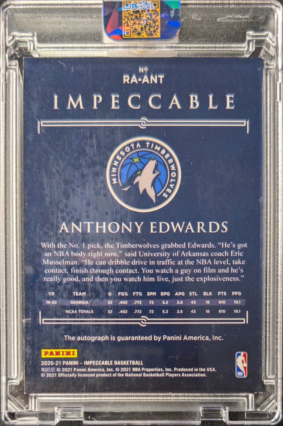 Anthony Edwards 2020 Impeccable Rookie Auto RC /88