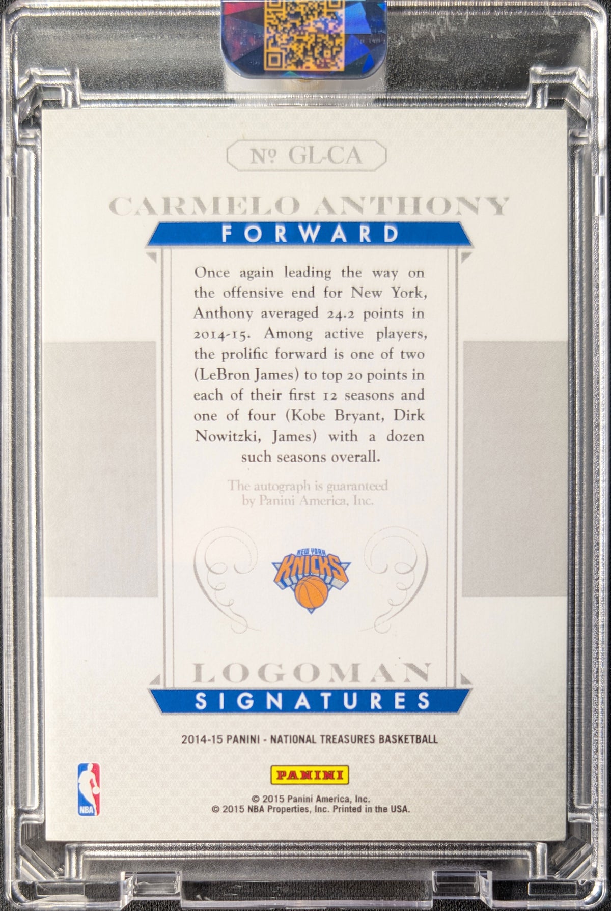 Carmelo Anthony 2015 National Treasures Gold Logoman Auto /49