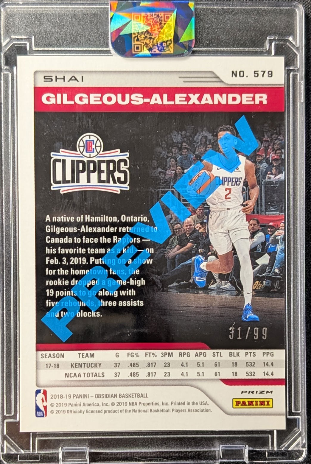 Shai Gilgeous-Alexander 2018 Obsidian Blue Rookie Preview /99